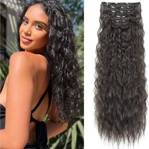 24 inch 16 clips black brown thick hairpieces curly extensions
